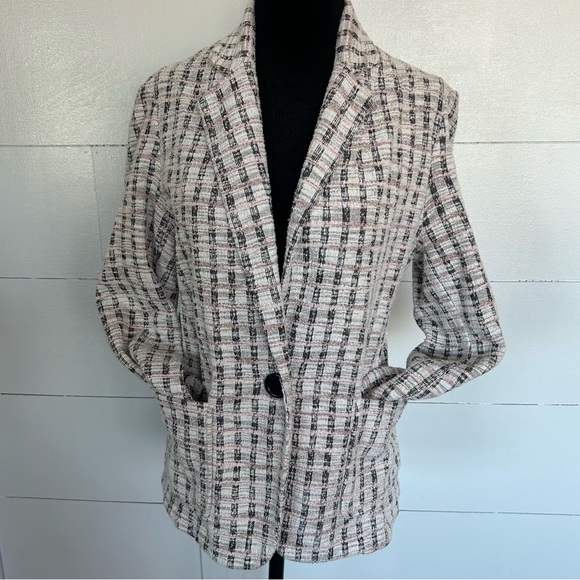 Max Studio Black White & Pink Plaid Tweed Blazer w/ Single Button Closure - Picture 2 of 10